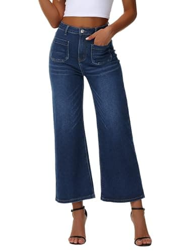 Genleck Women's Wide Leg Jeans – Cropped High Waisted Trendy Front Pockets Jeans Stretchy Capri Baggy Cute Denim Pants 2025 Ocean Blue - Image 1