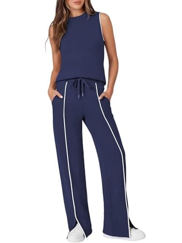 Casly Lamiit 2 Piece Sets for Women Summer Travel Outfits Casual Set Mock Neck Tops Jogging Pants Airport Lounge Clothes Sweatsuit Navy Blue XL - Image 1