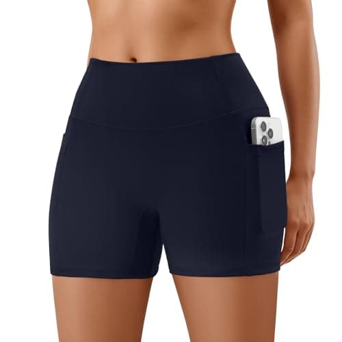 FireSwan Women's No Front Seam Biker Shorts High Waisted Spandex Yoga Workout Gym Running Athletic Shorts with Pockets Tummy Control(Navy XS) - Image 1