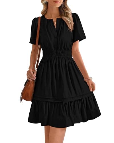 BTFBM Summer Dresses for Women 2026 Casual Boho Sundress Short Sleeve V Neck Ruffle A Line Beach Vacation Mini Dress(Black, Small) - Image 1