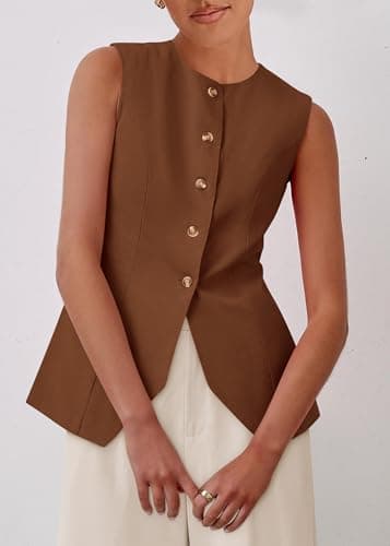 KIRUNDO Vest Tops for Women Trendy Dressy Business Casual Outfits 2026 Summer Sleeveless Fitted Blazer Work Suit Waistcoat(Brown, XX-Large) - Thumbnail 3