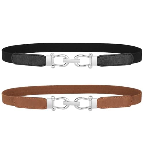 JASGOOD Women Skinny Elastic Belt for Dresses,Thin Retro Stretch Waist Belt with Silver Buckle 2 Pack,Black+Brown - Image 1