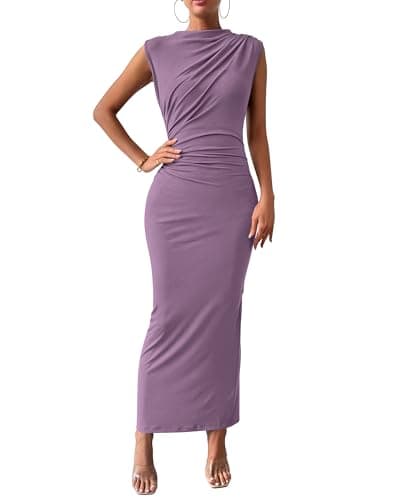 BTFBM Women Ruched Bodycon Maxi Dresses Summer Casual Sleeveless Lightweight Slit Elegant Cocktail Wedding Guest Dress(Purple, Large) - Image 1