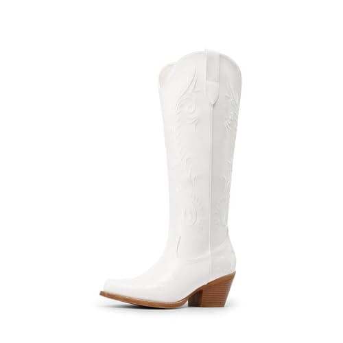 DREAM PAIRS Womens Cowboy Boots Knee High Western Retro Embroidered Cowgirl Boots Comfortable Square Toe Tall Boots,Size 9,White,SDKB26003W - Image 1