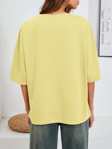 UNCLECAT Womens Oversized Short Sleeve T Shirts Summer Trendy Tops Casual Solid Crew Neck Loose Fit Basic Tees Yellow - Thumbnail 3