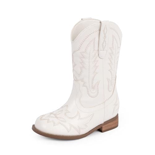 Modatope White Boots for Girls Cowboy Boots White Chunky Low Heel Round Toe Mid Calf Embroidery Western Shoes for Toddler Little Girl Big Kid Horse Riding Country Party Shoes Little Kid 12 - Image 1