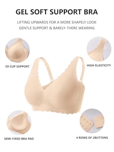 COCOMARTS Jelly Bras for Women No Underwire Scalloped Push Up Seamless Full Coverage Plunge Bralettes Wireless Tshirt Bras Nude Small - Thumbnail 5