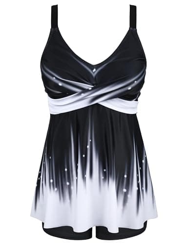 Firpearl 2026 Tankini Swimsuits for Women Two Piece Bathing Suits with Shorts Modest Tank Top Swim Dress XL/US14 Black&White Ombre - Thumbnail 5