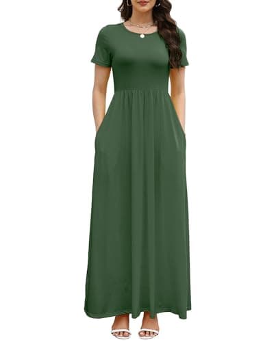 COSSEN Women’s Crewneck Short Sleeve Maxi Dress Green XX-Large with Pockets – Casual Loose Swing Sundress for Wedding Guest, Beach & Vacation - Image 1