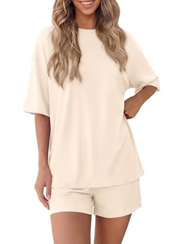 BTFBM Two Piece Sets For Women Summer Outfits Short Sleeve Tops Lounge Shorts Sets Oversized Matching Sets Pockets 2026(Beige, Small) - Image 1