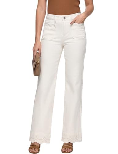 ZPIUO Women's White Jeans High Waisted Stretchy Wide Leg Jeans Woman Straight Leg Loose Denim Pants with Front Patch Pockets Ivory White Size 8 - Image 1