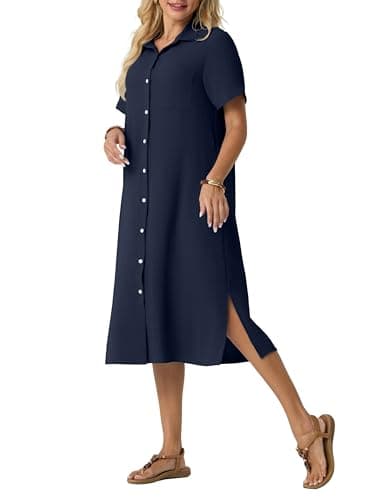 HiMONE Women’s Button Down Shirt Dress Casual Short Sleeve Collared Midi Dress Loose Fit Summer Beach Cover Up with Pocket - Image 1