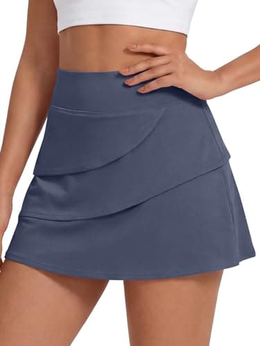 Caracilia Tennis Skirts for Women | High Waisted Athletic Casual Skort, Layered Golf Workout Skirt with Shorts Grey Blue X-Large - Image 1