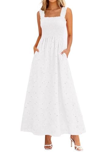 KIRUNDO Summer Lace Dress Vacation Outfits for Women 2026 Wedding Guest Dresses Maxi Beach Boho Sleeveless Cotton Sundress (White, Medium) - Image 1