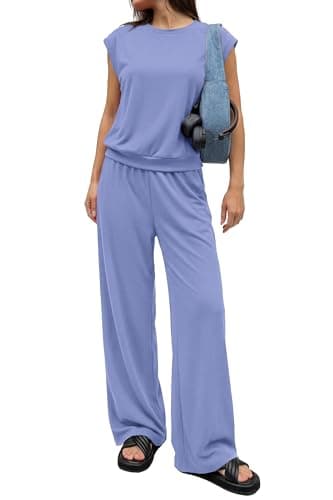 PRETTYGARDEN Women's Summer 2 Piece Lounge Sets 2026 Cap Sleeve Tops Wide Leg Pants Workout Sets Loose Casual Tracksuit(Light Blue,XX-Large) - Image 1