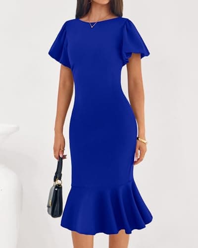BTFBM Women Formal Wedding Guest Cocktail Dresses 2026 Short Sleeve Ruffle Mermaid Work Bodycon Elegant Midi Summer Dress(Royal Blue, XX-Large) - Thumbnail 5