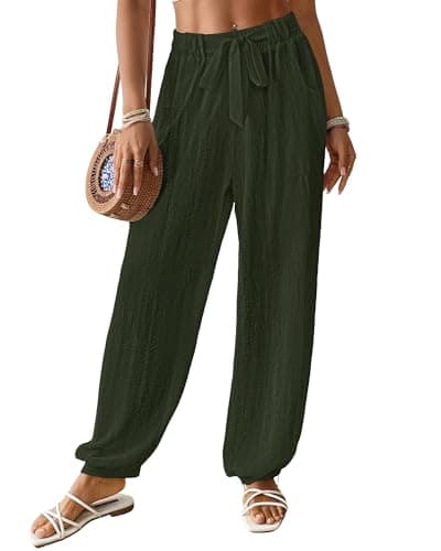 Bsubseach Women Wide Leg Palazzo Pants 2025 Summer Casual Drawstring Lounge Harem Pants with Pocket Woman Baggy Trousers Olive Green - Image 1