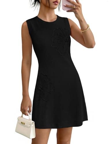 MEROKEETY Women's Cute Floral Knitted Mini Dress 2026 Spring Summer Sleeveless Tank Crew Neck A Line Short Sweater Dresses, Black, X-Large - Image 1