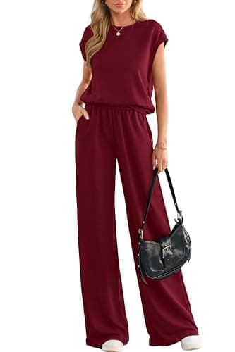 PRETTYGARDEN Women's Summer 2 Piece Lounge Sets 2026 Cap Sleeve Tops Wide Leg Pants Workout Sets Loose Casual Tracksuit(Burgundy,XX-Large) - Image 1
