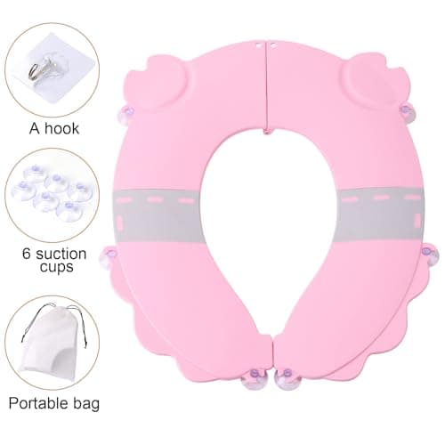 Portable Potty Training Seat，Upgraded Non-Slip-Anti pinch buttocks, One-handed Removal Folding Travel Potty Seat for Toddlers & Kids, 6 suction cups firmly adhere, Fits All Shape Toilets(Pink) - Thumbnail 3
