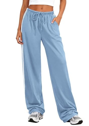 PRETTYGARDEN Womens Wide Leg Sweat Pants Striped Drawstring Waist Casual Athletic Track Flowy Pants Trousers Summer Clothes (Light Blue,XL) - Image 1