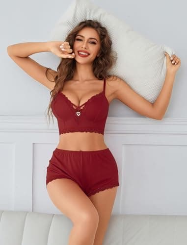 Avidlove Plus Size Lounge Sets for Women Cute Pajama Sets 2 Piece Shorts Women Cami Wine Red XXL - Thumbnail 6
