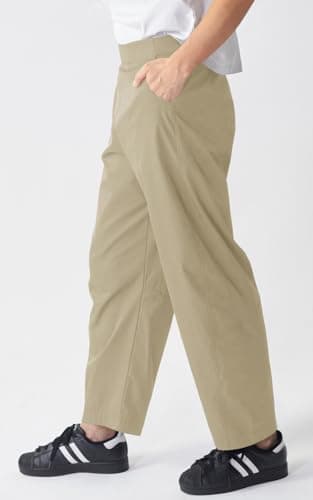 EGOCKAL Womens Elastic Waist Ankle Pants Baggy Curved Tapered Leg Barrel Travel Pants with Pockets Khaki - Thumbnail 2