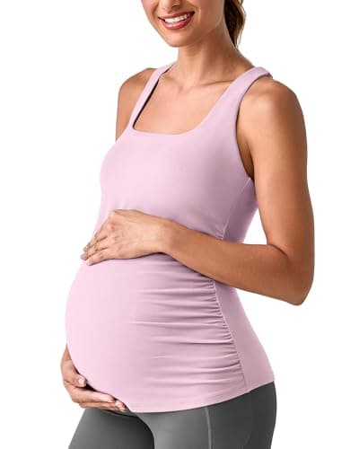 G4Free Maternity Activewear with Built in Bra Summer Pregnancy Outfits Racerback Yoga Tank Tops Stretchy Athletic Camisole(Pink,S) - Image 1