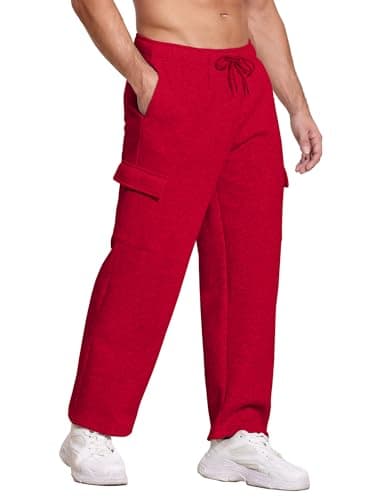 Deyeek Mens Loose Fit Fleece Sweatpants Lounge Cargo Sweat Pants for Man Straight Leg Heavyweight Sweatpants with Pockets Red - Image 1
