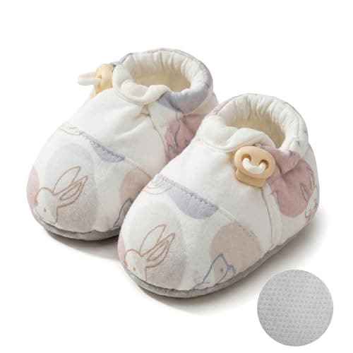 HOVELL Baby Booties Adjustable Toggle Slipper Newborn Stay-on Boots Soft Cozy Cotton Non-Slip Shoes for Infants Girls(PinkRabbit,6-12Months) - Image 1