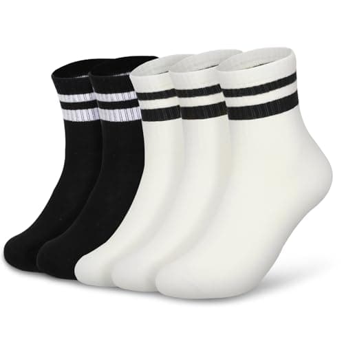 Kagcre Cotton Cushioned Crew Socks 5 Pairs, Women Men Athletic Casual Socks, Striped Retro Socks, Cozy Soft Moisture-Wicking Socks for Gym, Work, Everyday (Black+White) - Image 1