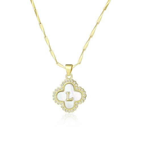 LETFLY Four Leaf Clover Initial Necklaces for Women, 14K Gold Plated Natural Shells Clover Letter Pendant, Alphabets L Necklace Jewelry Gifts for Women - Image 1