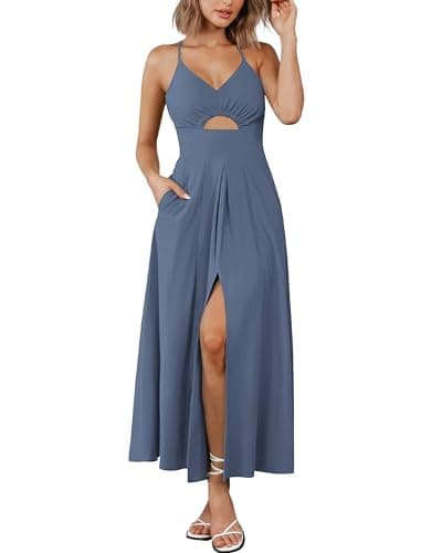 BTFBM Women 2026 Spaghetti Strap Midi Summer Dresses Sleeveless V Neck Cutout Slit Casual Beach Party Maxi Dress Pockets(Dark Grey Blue, Small) - Image 1
