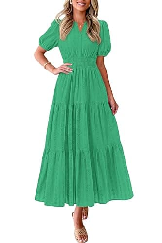 PRETTYGARDEN Womens Summer Maxi Dresses 2026 Casual Puff Sleeve V Neck Smocked Flowy Eyelet Cotton Dress Spring Sundress(Green,Large) - Image 1
