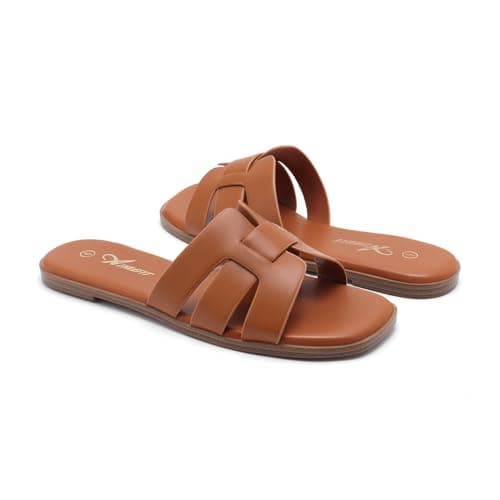 Athlefit Brown Sandals Women Dressy Summer Flat Sandals Square Open Toe Slip On Leather Slide Sandals Size 10 - Thumbnail 5