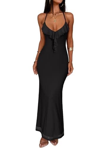 Prinbara Womens Mesh Bodycon Formal Maxi Dresses Summer Spaghetti Strap Ruffle Cocktail Wedding Guest Party Prom Long Dress Black Medium - Image 1