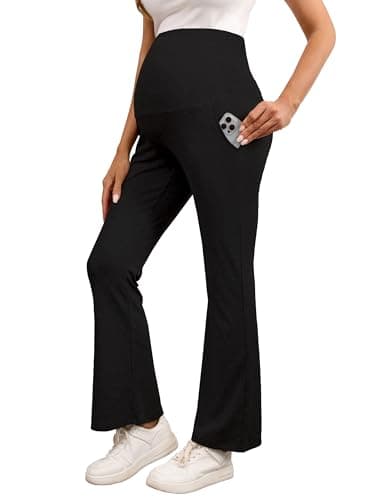 BRATUC Maternity Lounge Pants Bamboo Viscose Pregnancy Pants Soft Stretchy Comfy Bell Bottoms with Pockets (Large Black) - Image 1