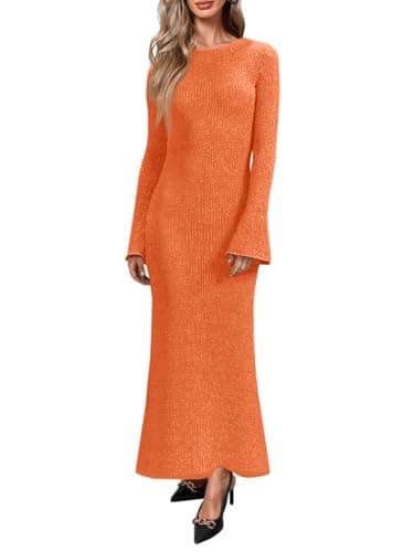 Yousify Women’s Knit Maxi Dress Long Sleeve Crewneck Slim Fit Casual Work Spring Dress Orange - Image 1