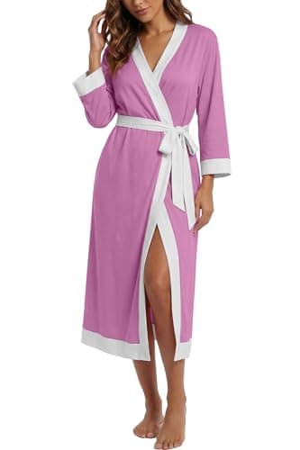 PrinStory Robes for Women Soft Kimono Bathrobe Lightweight Knit Sleepwear long Lounge Robes Purple Red-L - Image 1