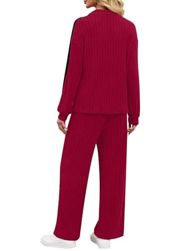 JUSTFASHIONNOW Womens 2 Piece Sweatsuits Set Long Sleeve Ribbed Knit Comfy Lounge Sets Half Zip Pullover Sweatshirt Wide Leg Sweatpants Fall Outfits Christmas Tracksuit (Red, XX-Large) - Thumbnail 6