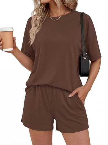 BTFBM 2 Piece Short Sets For Women 2026 Summer Airport Travel Vacation Outfits Loose Matching Clothing Spring Lounge Set(Brown, Small) - Image 1