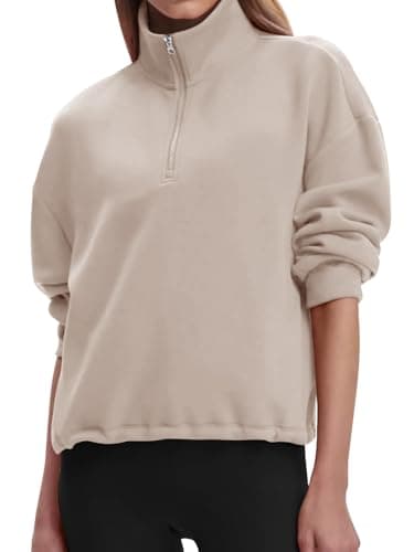 Womens Sweatshirts Half Zip Pullover Drawstring Waist Sweaters Quarter Zipper Hoodies 2025 Fall Winter Fashion Clothes Outfit Apricot Large - Image 1