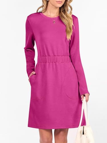 ANRABESS Womens Long Sleeve Dress 2025 Fall Casual Elastic Waist Short Mini T Shirt Dresses with Pockets Travel Outfits Hot Pink Small - Thumbnail 4