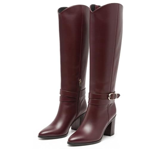 WIRALOMI Burgundy Knee High Boots for Women Pointed Toe Chunky Heel Boots Metal Buckle Tall Boots with Side Zipper Fall Long Boots,9 - Image 1