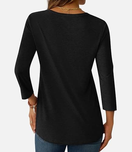 GKBK Womens Tops 3/4 Sleeve Shirts V Neck Casual Blouses Basic Loose Fit Pullover Tshirts Black L - Thumbnail 4