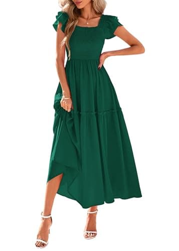 KIRUNDO Smocked Summer Dresses for Women 2026 Wedding Guest Midi Flowy Ruffle Short Sleeve Square Neck Tiered Sundress(Dark Green, X-Large) - Image 1