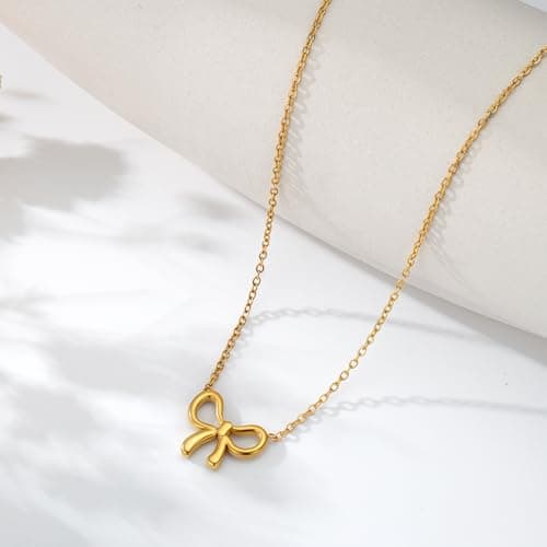 Fimhut Gold Necklace for Women Girls Easter Basket Stuffers - 18K Gold Plated Dainty Necklace Cute Small Tiny Bow Pendant Choker Chain Necklaces Trendy Necklaces for Women Girls Teenage - Thumbnail 4