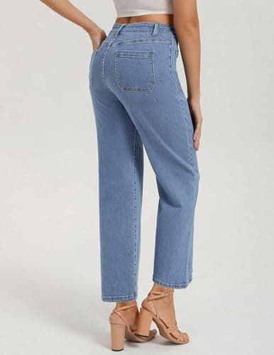 Belle Poque Women Straight Leg Jeans Light Blue Mid Rise Stretchy Wide Leg Denim Pants with Pockets Front (Light Blue, 16) - Thumbnail 4