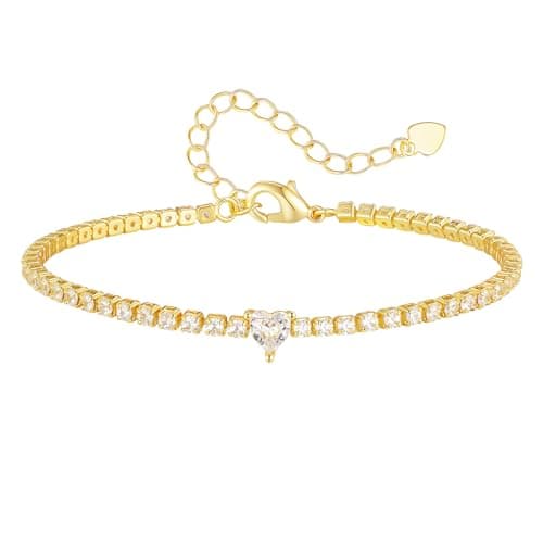 Gold Heart Tennis Bracelet for Women - 14K Gold Plated Heart Cubic Zirconia Link Bracelet, Adjustable Dainty Minimalist Design, Trendy Anniversary Birthday Valentine’s Day Jewelry Gift for Her Girfriend Daughter (Gold) - Image 1