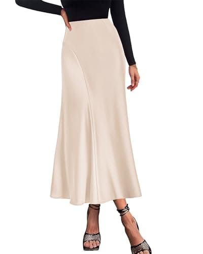 KIRUNDO Women Spring Summer Satin Maxi Skirt 2026 Trendy High Waisted Wedding Cocktail Party Work Silk A-Line Formal Skirts(Beige, Large) - Image 1